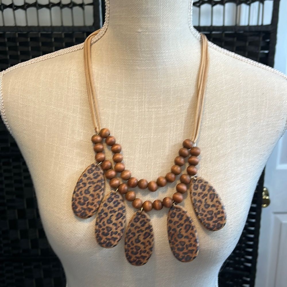 Boho Styled Beaded Multi Strand & Leopard Animal Statement Necklace